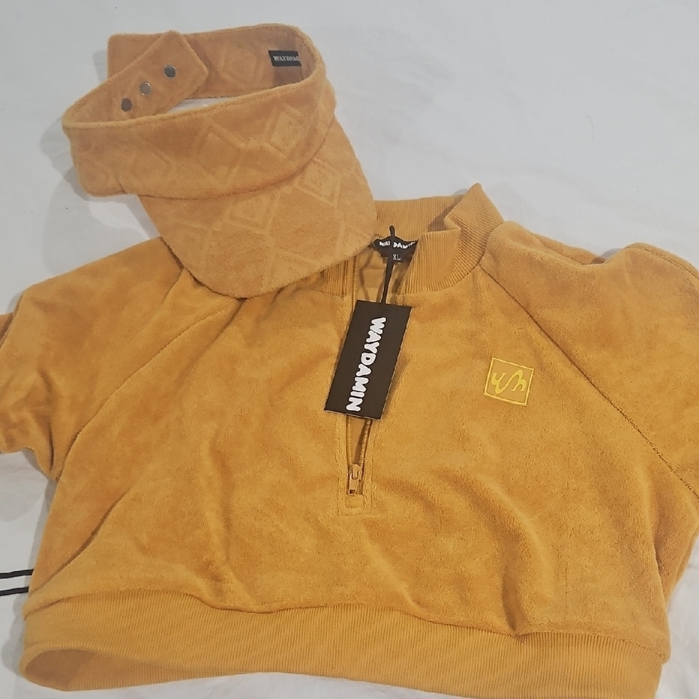 Waydamin Mustard Yellow Cropped Sweatshirt and Visor Set